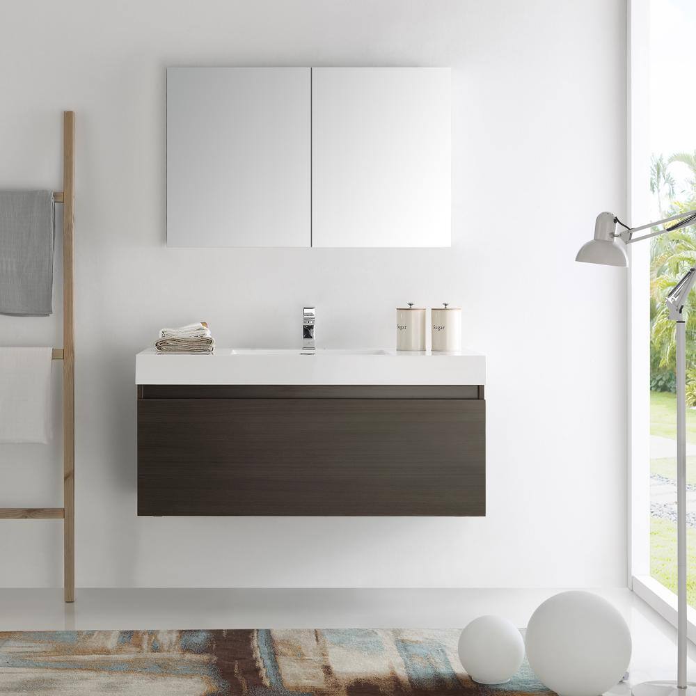 Gray Oak Wall Hung Vanity with Integrated Sink and Medicine Cabinet
