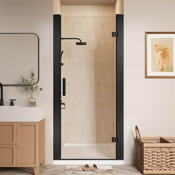 ONWITH 34 in. to 36 in. W x 72 in. H Pivot Hinged Swing Frameless Shower Door in Black with Clear Glass