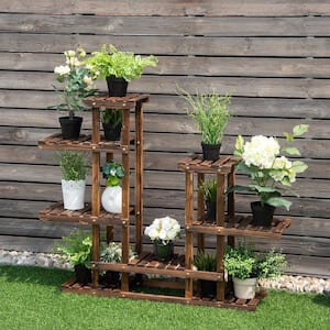 38 in. Tall Indoor Outdoor Brown Fir Wood Plant Stand (6-Tiered)