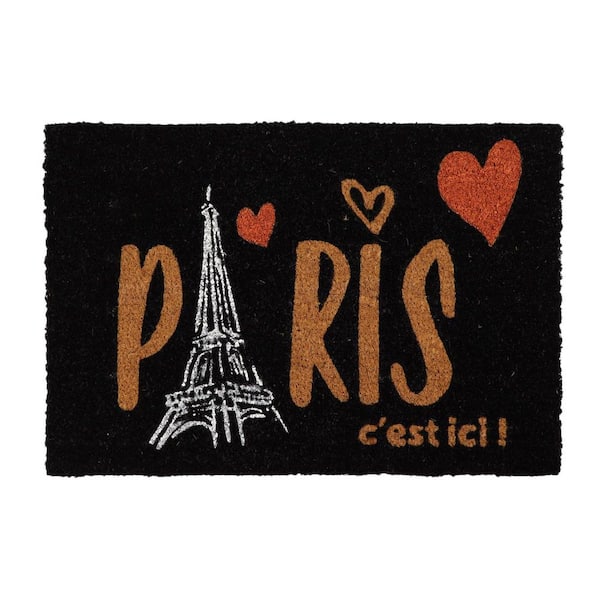 Unbranded Paris C'est Ici Black 16 in. x 24 in. Coconut Sheltered Front Door Mat