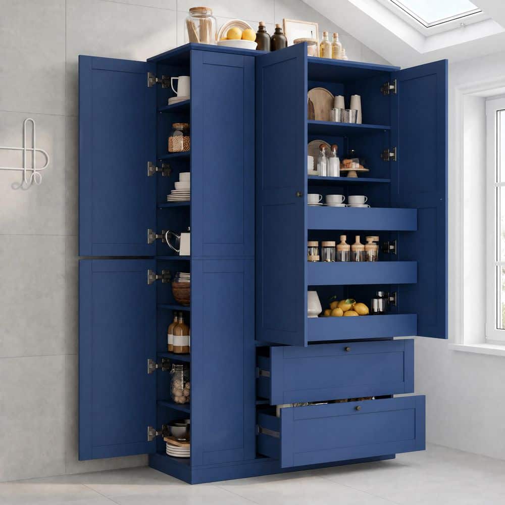 Blue Wood 44.4 in. x 73.6 in. Pantry Cabinet with 8 Shelves, 2 Drawers, 3 Pull-Out Trays, 4 Doors and Side Cabinets