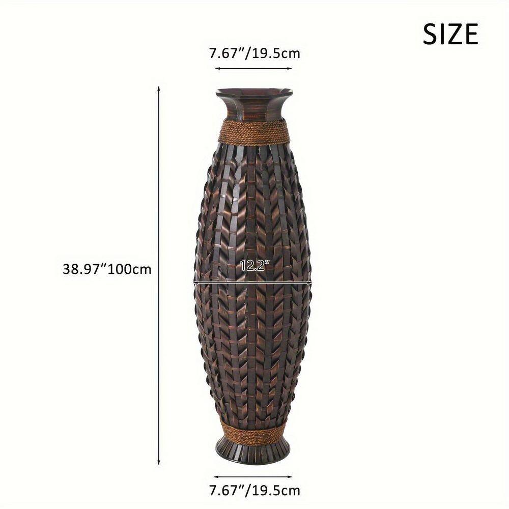 Tall Black Bamboo Floor Vase with Wicker Woven Design, 39 Inches High