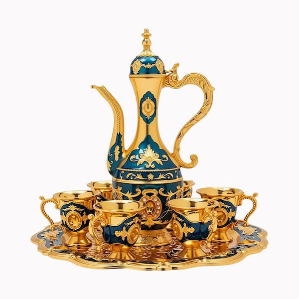 Vintage 8-Piece Golden Blue Zinc Alloy Tea Coffee Set with Tray Multi-Drink Decorative Retro Style for Home Party