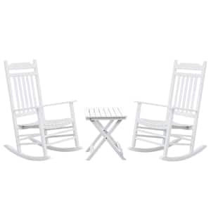 White Wood Outdoor Rocking Chair, Furniture Rocker with Small Side Table, Set of 3