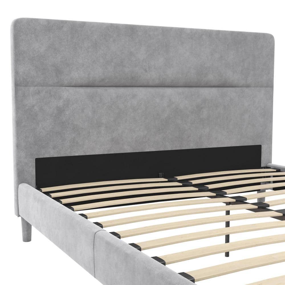 Full Light Gray Velvet Upholstered Platform Bed with Tufted Headboard