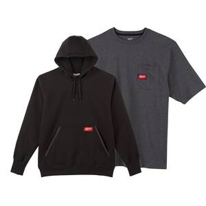 Men's 2X-Large Black Heavy-Duty Cotton/Polyester Long-Sleeve Pullover Hoodie and Short-Sleeve Gray Pocket T-Shirt