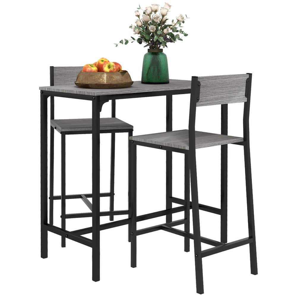 Gray 3-Piece Wood Outdoor Dining Set, Counter Height Kitchen Table with Bar