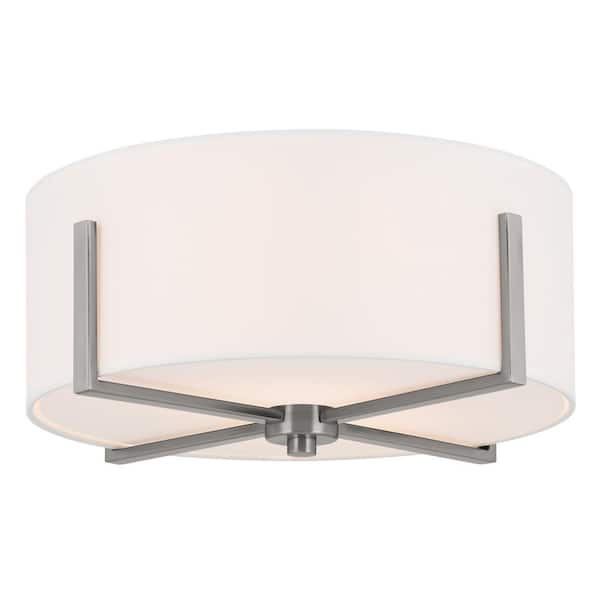 KICHLER Malen 15.5 in. 2-Light Classic Pewter Traditional Bedroom Flush Mount Ceiling Light with White Fabric Shade