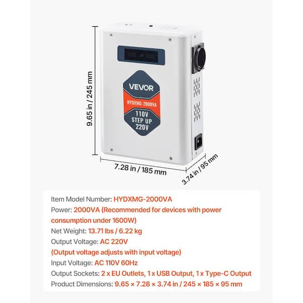 VEVOR Step Up Voltage Converter 2000VA Heavy Duty Voltage Power