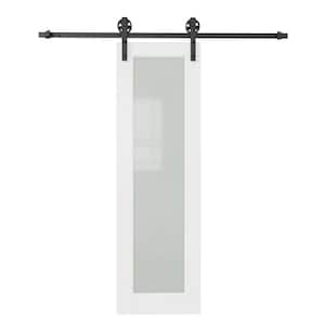 24 in. x 80 in. 1 Lite Tempered Frosted Glass White Primed Sliding Barn Door with Hardware Kit