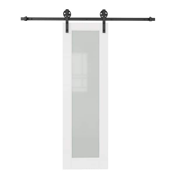 ARK DESIGN 24 in. x 80 in. 1 Lite Tempered Frosted Glass White Primed Sliding Barn Door with Hardware Kit