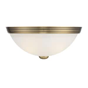 11 in. W x 4.5 in. H 2-Light Warm Brass Flush Mount Ceiling Light with White Etched Glass Diffuser