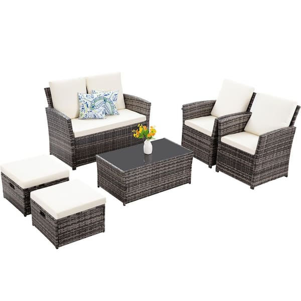 Tenleaf 6-Piece Wicker Outdoor Sofa Sectional Set with Beige Cushions