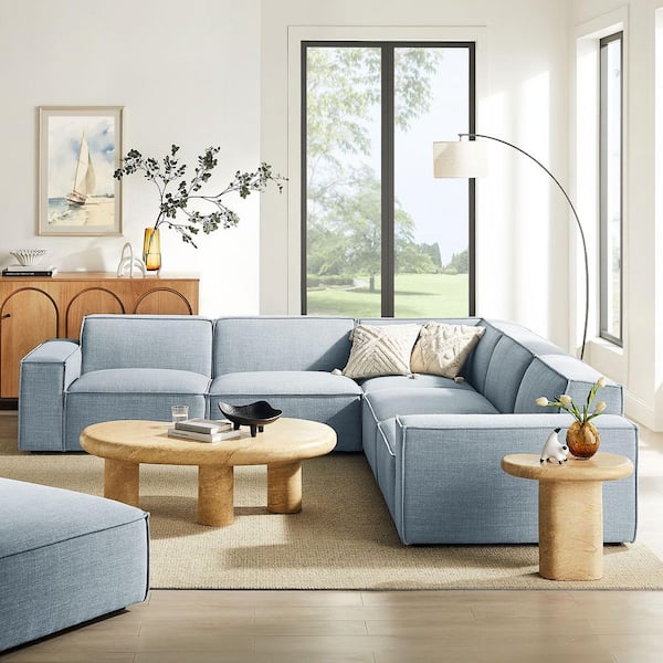 Restore Performance Fabric Upholstered 5-Piece Modular L-Shaped Sofa in Sky