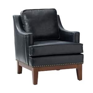 Heinrich Navy Vegan Leather Armchair with Solid Wood Legs