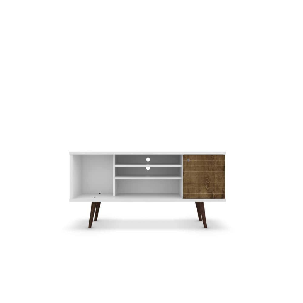 Rustic Brown and White Solid Wood TV Stand with Cabinet, 54"
