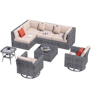 Artemis Gray 8-Piece Wicker Patio Conversation Seating Sofa Set with Beige Cushions and Swivel Rocking Chairs