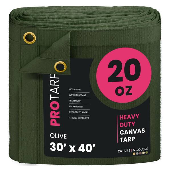 PROTARP Extreme Heavy Duty 20 oz. Water Resistant Canvas Tarp, UV Resistant Tarpaulin Cover Olive 30 x 40
