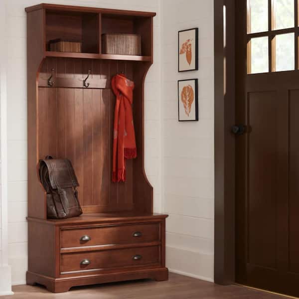 Home Decorators Collection Wilmington Walnut Brown Finish Wood Hall Tree with Bench and Storage (36 in. W x 74 in. H)