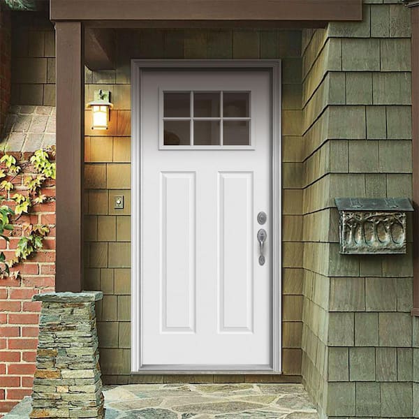 32 in. x 80 in. 6 Lite Craftsman Primed Steel Prehung Left-Hand Inswing Front Door w/Brickmould