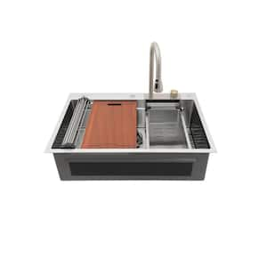 33 in. Drop-In Single Bowl 16-Gauge Brushed Nickel Stainless Steel Kitchen Sink with Strainer Basket and Bottom Girds