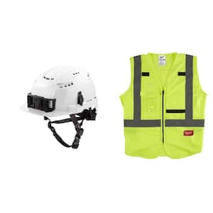 BOLT White Type 2 Class C Front Brim Vented Safety Helmet w/4XL/5XL Yellow Class 2-High Vis. Safety Vest w/10-Pockets