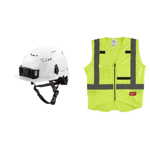 Milwaukee BOLT White Type 2 Class C Front Brim Vented Safety Helmet w/4XL/5XL Yellow Class 2-High Vis. Safety Vest w/10-Pockets