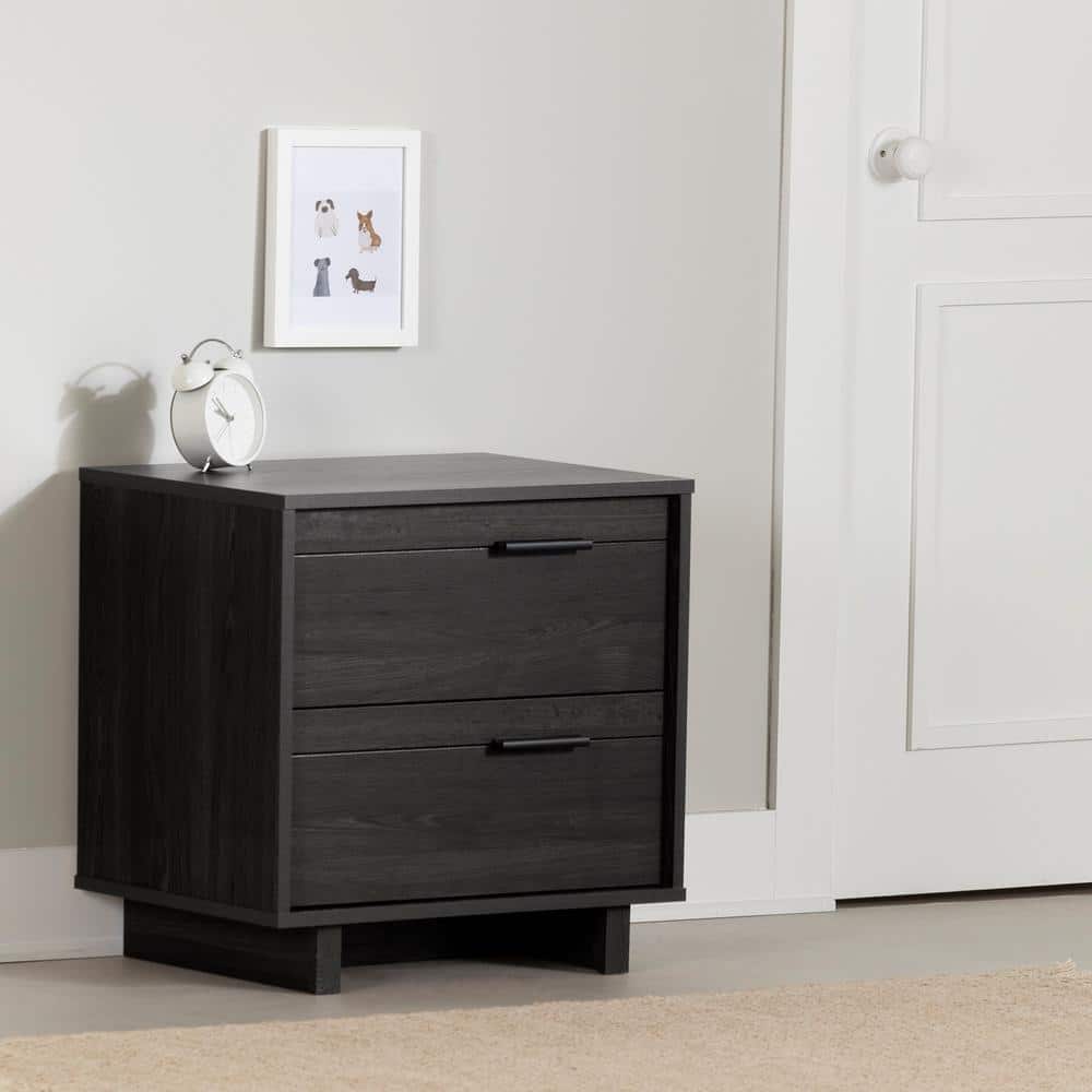 Modern Gray Oak 2-Drawer Nightstand with Sleek Metal Handles