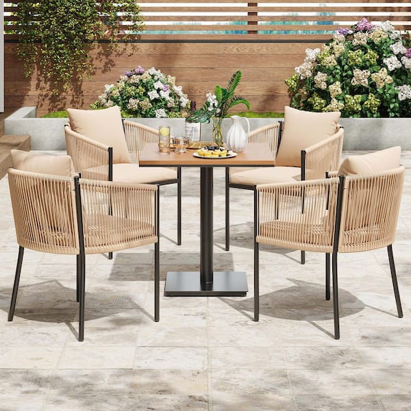Patio Square Table and 4-Piece Rattan Wicker Patio Chair Outdoor Dining Set with Brown Cushions