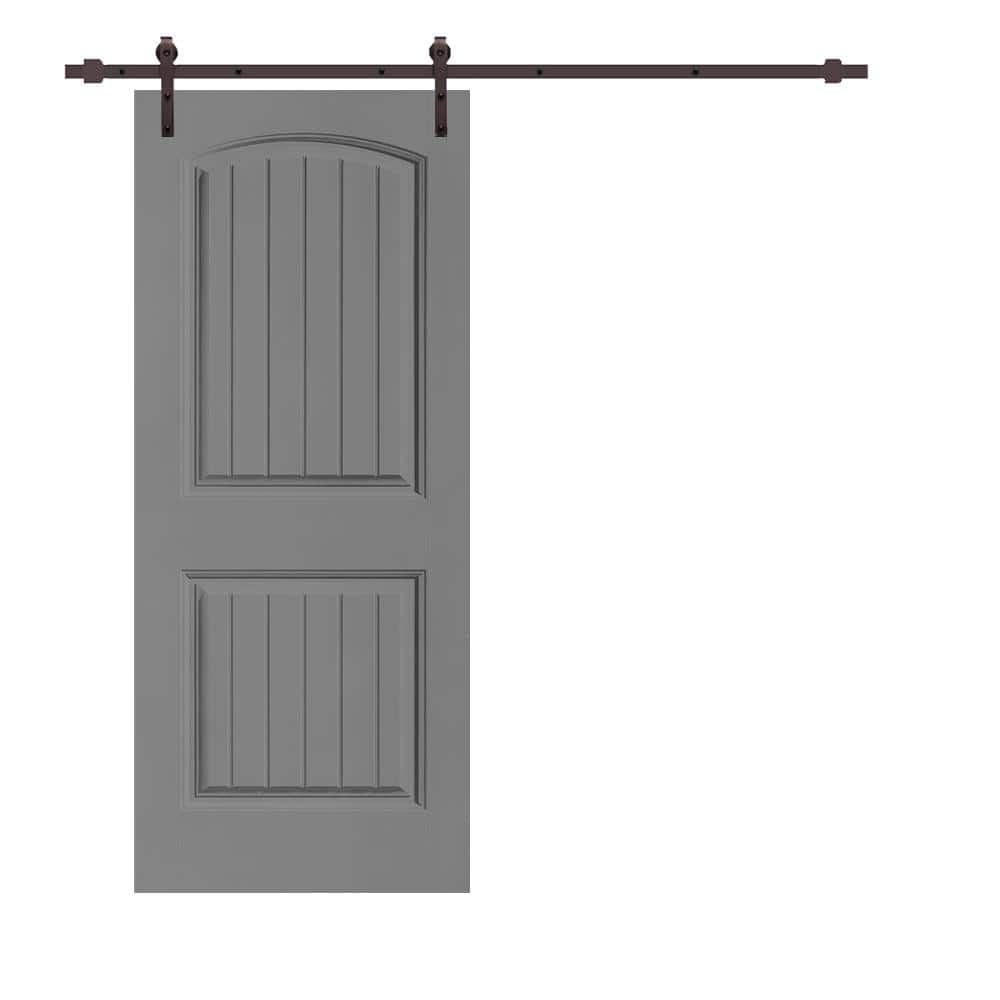 Elegant Series 30 in. x 80 in. Light Gray Stained Composite MDF 2 Panel Camber Top Sliding Barn Door with Hardware Kit price history on PriceWatchPro