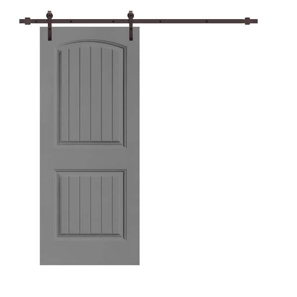 CALHOME Elegant Series 30 in. x 80 in. Light Gray Stained Composite MDF 2 Panel Camber Top Sliding Barn Door with Hardware Kit