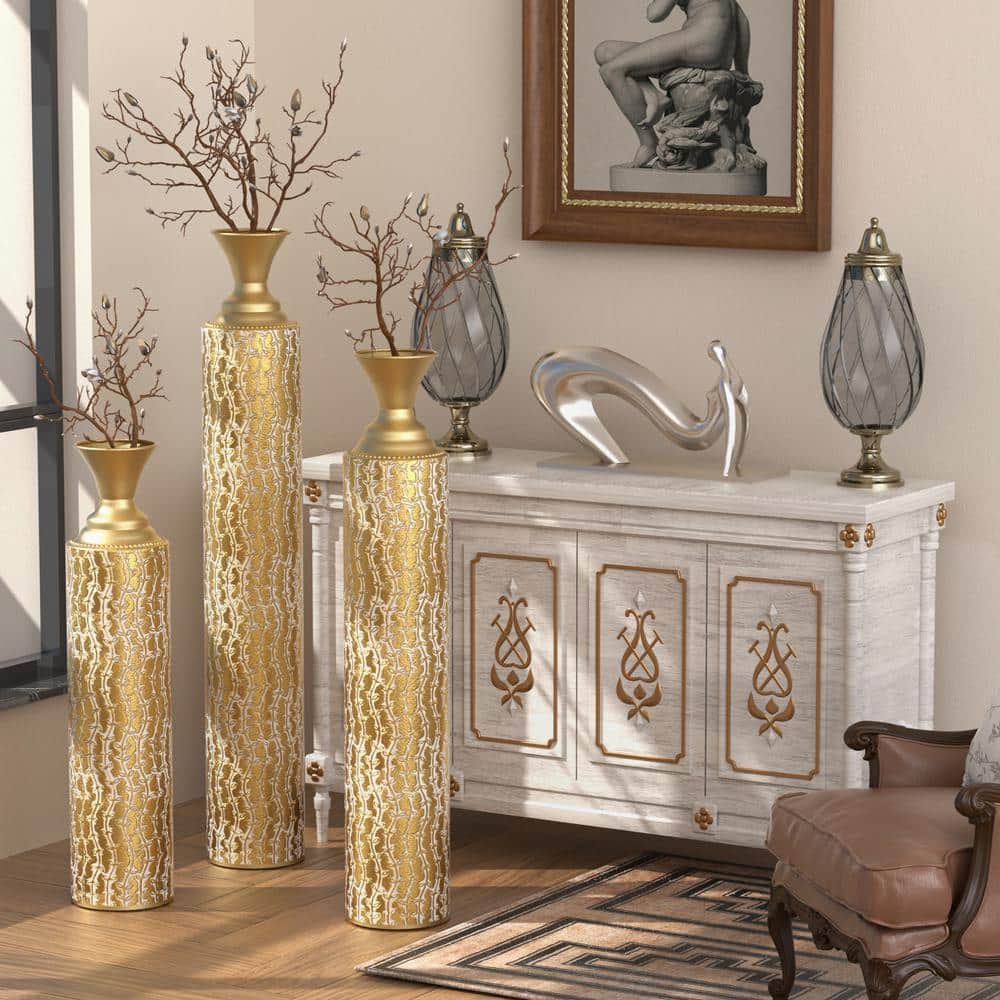 High Distress Gold Metal Decorative Vases with Growing Vine Patterns Set of