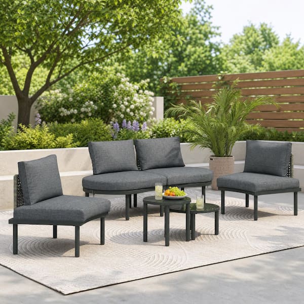 Gray Aluminum 6-Piece Half Moon Outdoor Patio Sectional Set with 2 High-Low Coffee Tables, Gray Cushions for Backyard