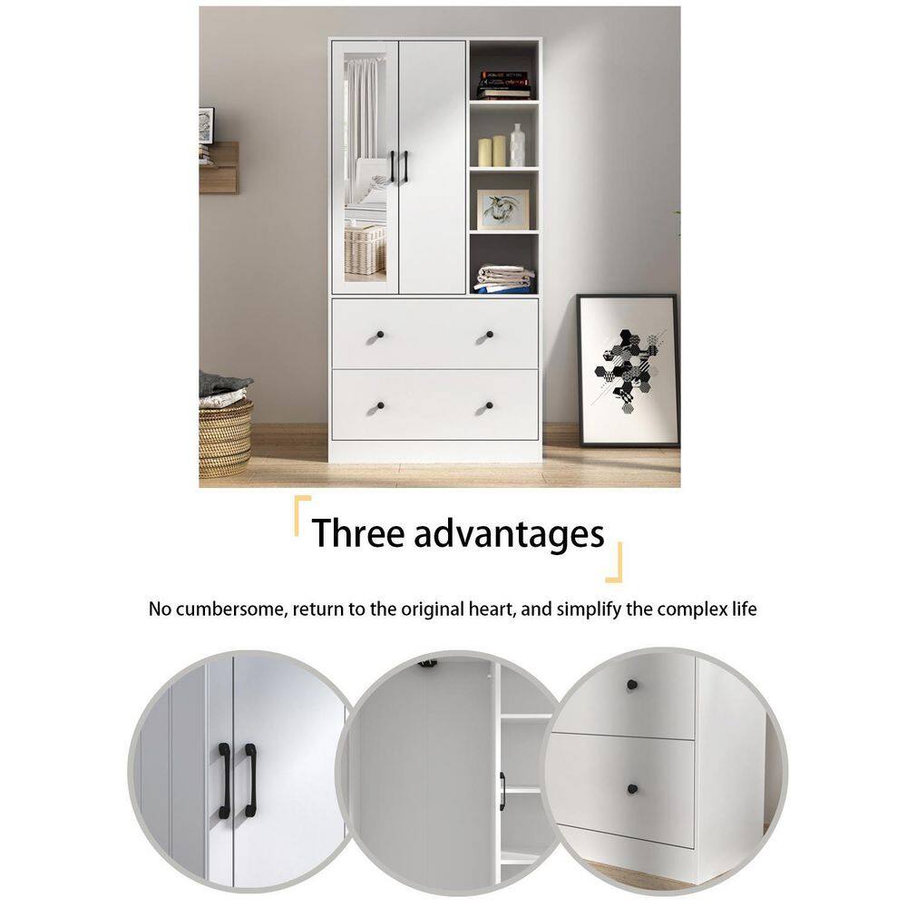 White Wood Armoires Wardrobe W/Mirror, Pulling Hanging Rod, Drawers and Shelves( 15.8 in. D x 35.5 in. W x 70.8 in. H) - thumbnail 9