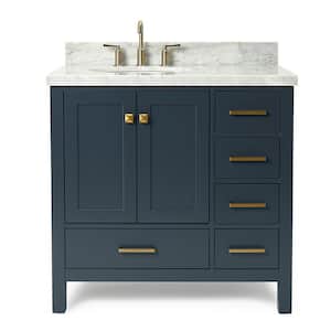 Cambridge 37 in. W x 22 in. D x 36 in. H Vanity in Midnight Blue with Carrara White Marble Top