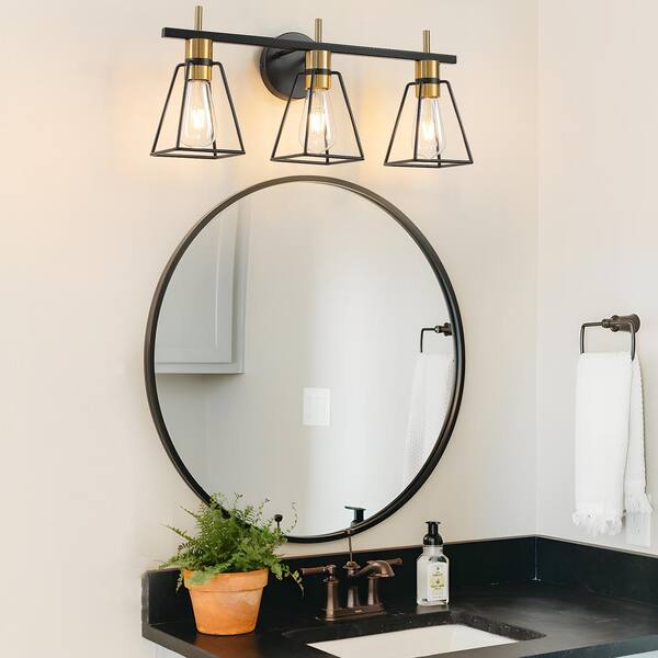 HAHZT Black & Gold Industrial Vanity Light - 3-Light Vintage Cage Wall Sconce For Bathroom & Living Room