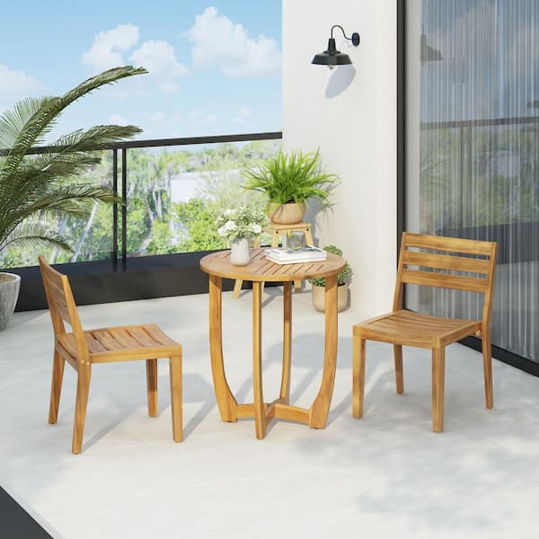 3-Piece Brown Wood Outdoor Bistro Set with Side Table for