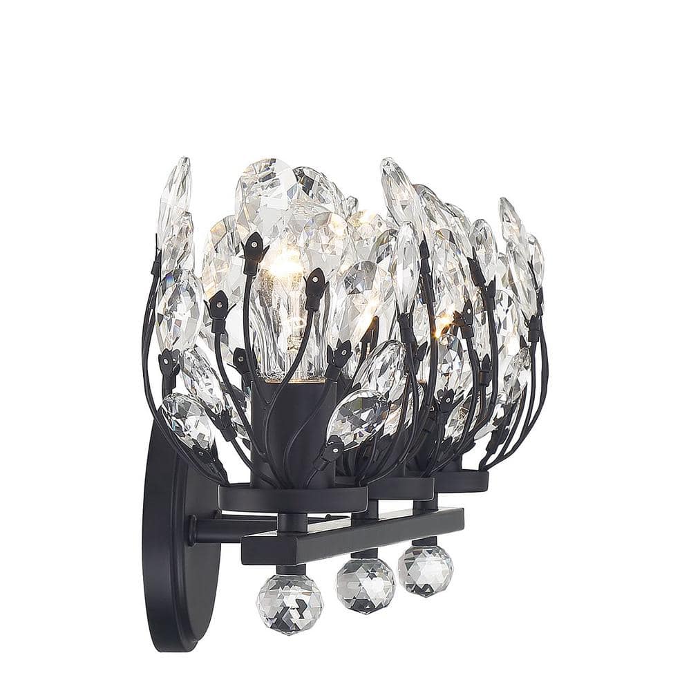 Moreno Matte Black 3-Light Vanity with Clear Crystal Buds