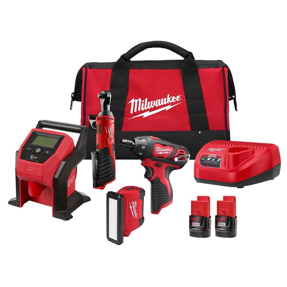 MILWAUKEE M12 12V Lithium-Ion Cordless Combo Kit (4-Tool) with Two 2.0Ah Batteries, Charger & Tool Bag (2492-24)