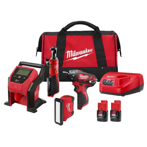 M12 12V Lithium-Ion Cordless Combo Kit (4-Tool) with Two 2.0Ah Batteries, Charger & Tool Bag