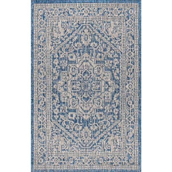 Sinjuri Medallion Navy/Gray 7 ft. 9 in. x 10 ft. Textured Weave Indoor/Outdoor Area Rug