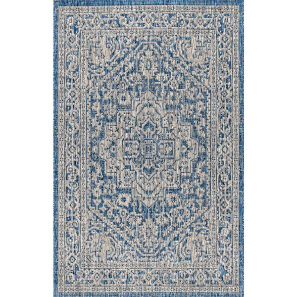 Sinjuri Medallion Textured Weave Navy/Gray 9 ft. x 12 ft. Indoor/Outdoor Area Rug