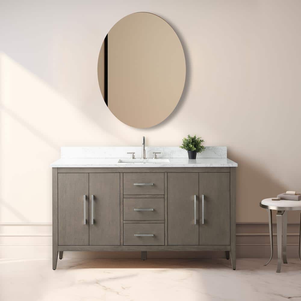 60'' Driftwood Gray MDF Single Sink Freestanding Bathroom Vanity with Engineered Marble Top