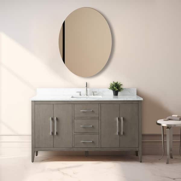 Vanity Art 60 in. W. x 22 in. D x 34 in. H Single Sink Bathroom Vanity Cabinet Driftwood Gray with Engineered Marble Top in White