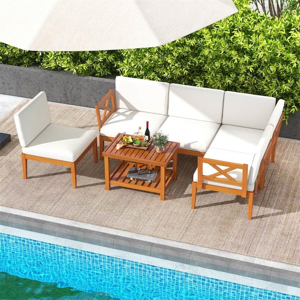 Costway 6-Piece Acacia Wood Patio Conversation Set with 2-Tier Coffee Table and White Cushions