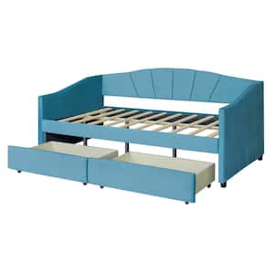 Blue Twin Daybed with 2-Drawers, Velvet Upholstered Twin Size Daybed Sofa Bed for Bedroom Living Room