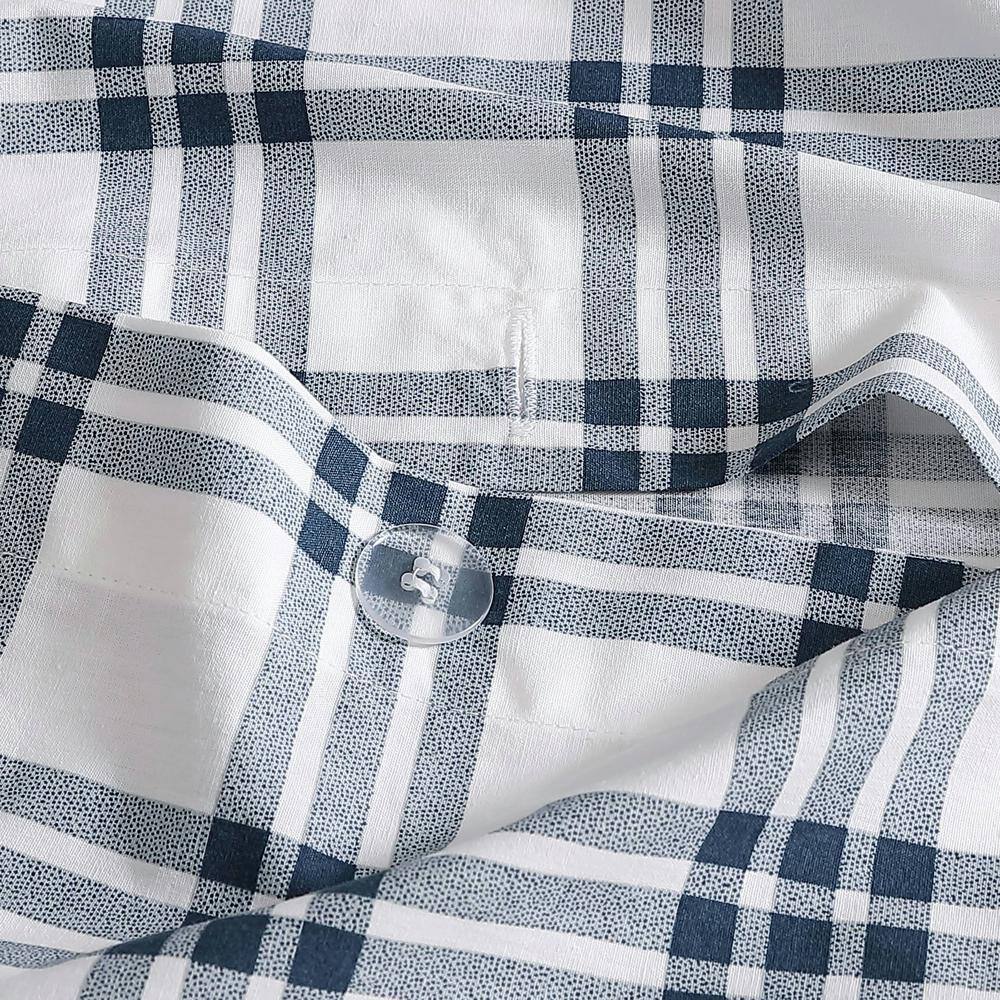 Navy Blue Plaid Cotton Full/Queen Duvet Set with Shams