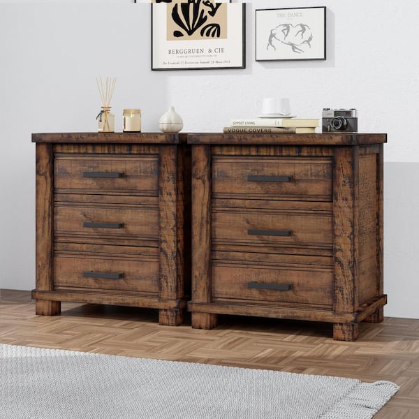 Rustic 3-Drawer Reclaimed Solid Wood Farmhouse Nightstand Set of 2(24 in. W x 17 in. D x 25.6 in. H)