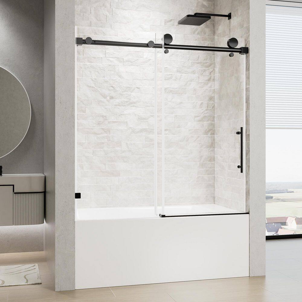 56-60 in. W x 60 in. H Frameless Single Sliding Tub Door in Black with 5/16 in. Clear Tempered Safety Glass price history on PriceWatchPro