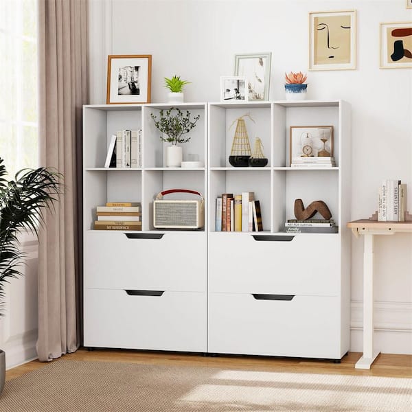 51 in. Tall White Engineered Wood 4-Shelf Standard Bookcase with Drawers and Anti-Toppling Devices